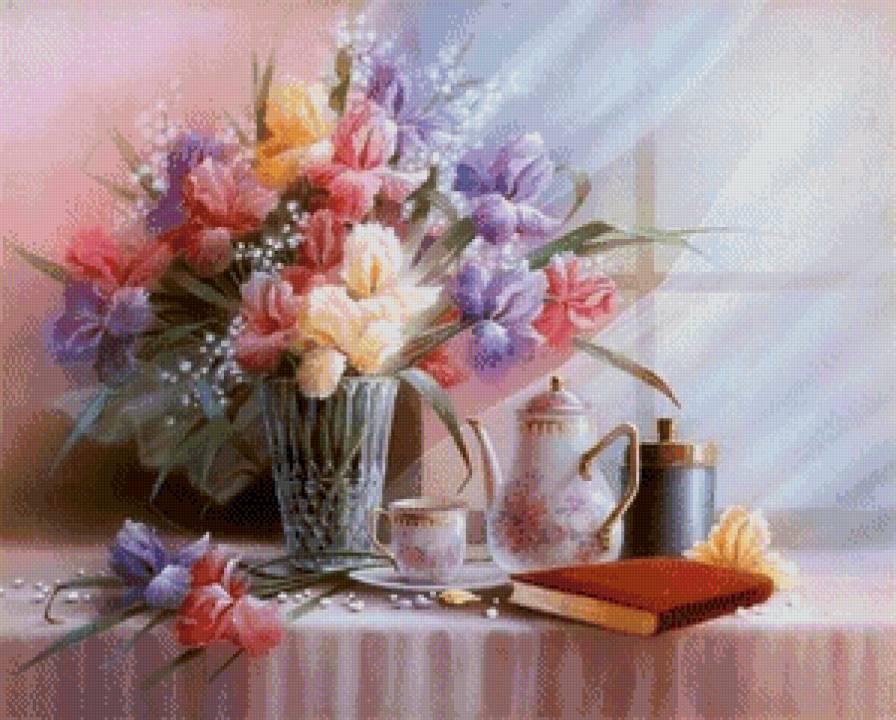 натюрморт с цветами и книгой - книга, натюрморт, букет, цветы, живопись, картина, ваза - предпросмотр
