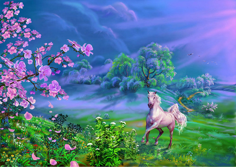 лошадь в саду - сад, лошадь, весна, цветы - оригинал