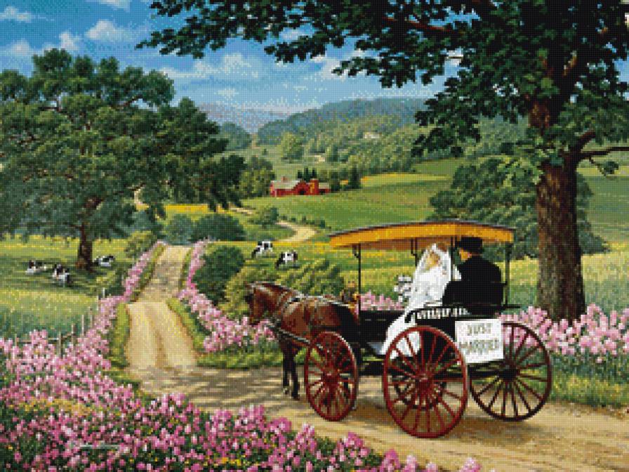 молодожёны в карете - пара, свадьба, пейзаж, ферма, живопись, карета, молодожены, село - предпросмотр