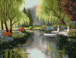 под ивами - ивы, цветы, река - оригинал