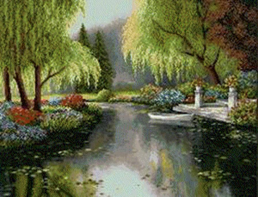 под ивами - цветы, река, ивы - предпросмотр