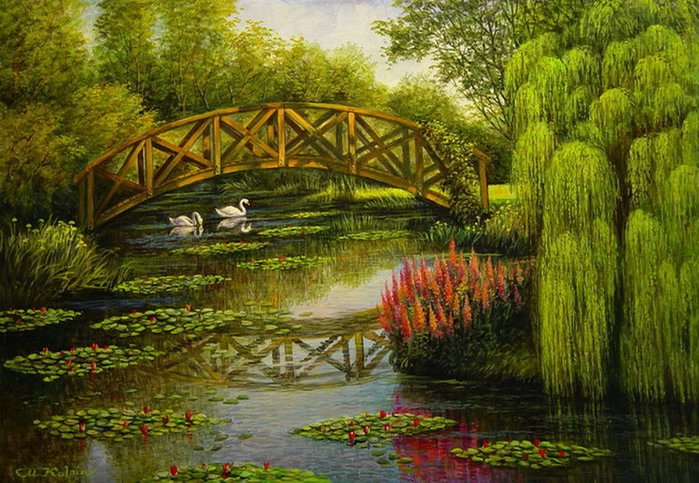 картина - речка, пейзаж, природа, лес, мостик - оригинал