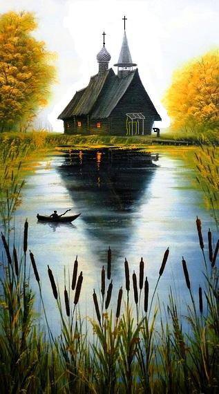 утро туманное - церковь, озеро, пейзаж - оригинал