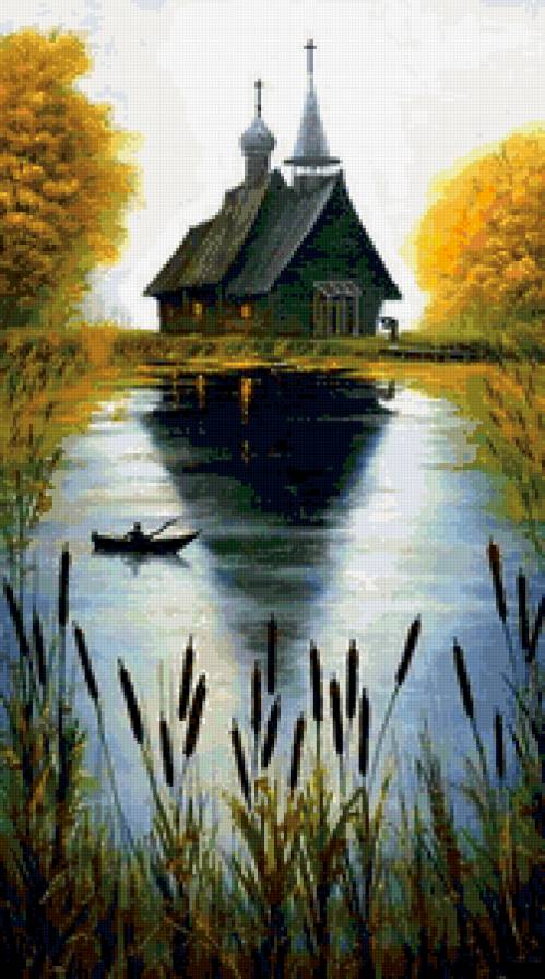 утро туманное - пейзаж, озеро, церковь - предпросмотр