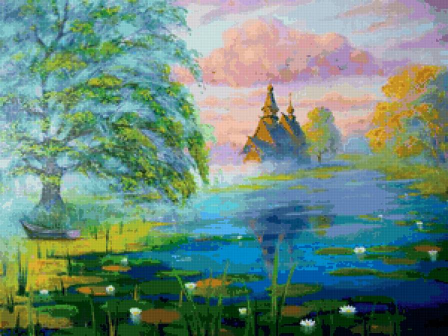 утро туманное - озеро, пейзаж, церковь - предпросмотр