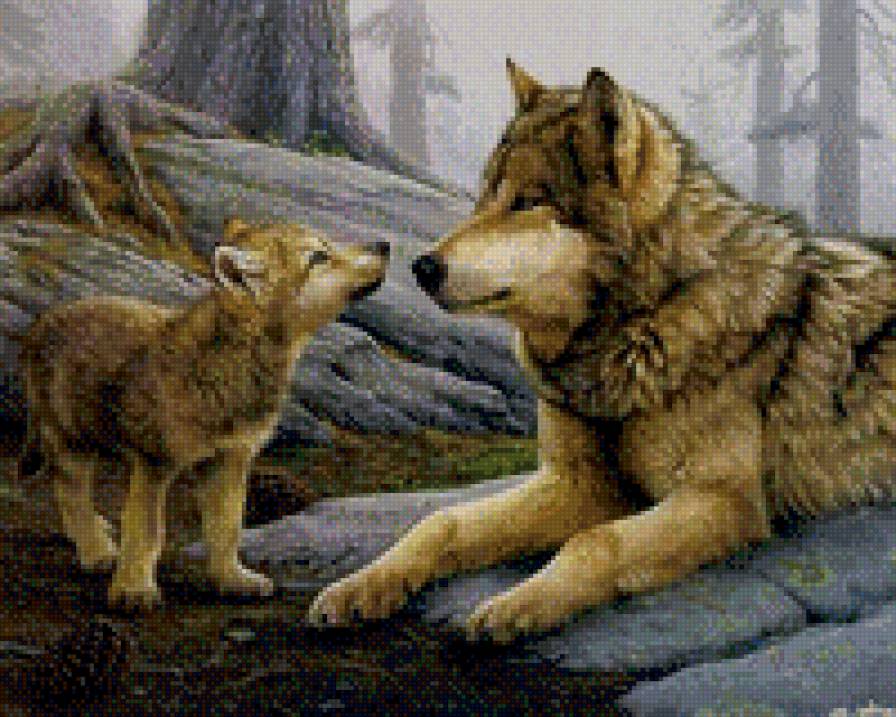 Волки - волчица с волчонком, дикие животные, материнство - предпросмотр