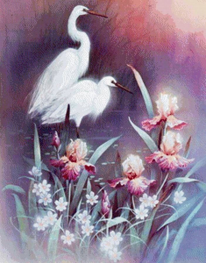 пано с птицами - пано, птицы, картина, ирисы - предпросмотр