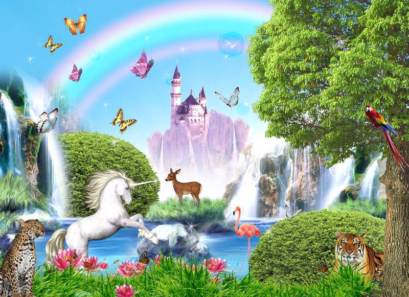 сказочный сад - сказка, замок, сад, животные, цветы, природа, детское - оригинал