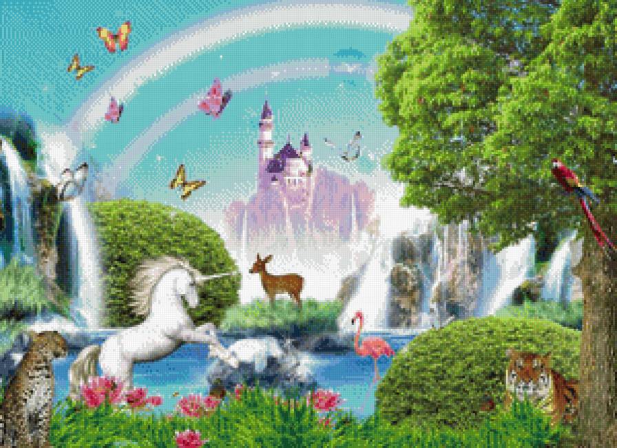 сказочный сад - цветы, сказка, замок, животные, сад, природа, детское - предпросмотр