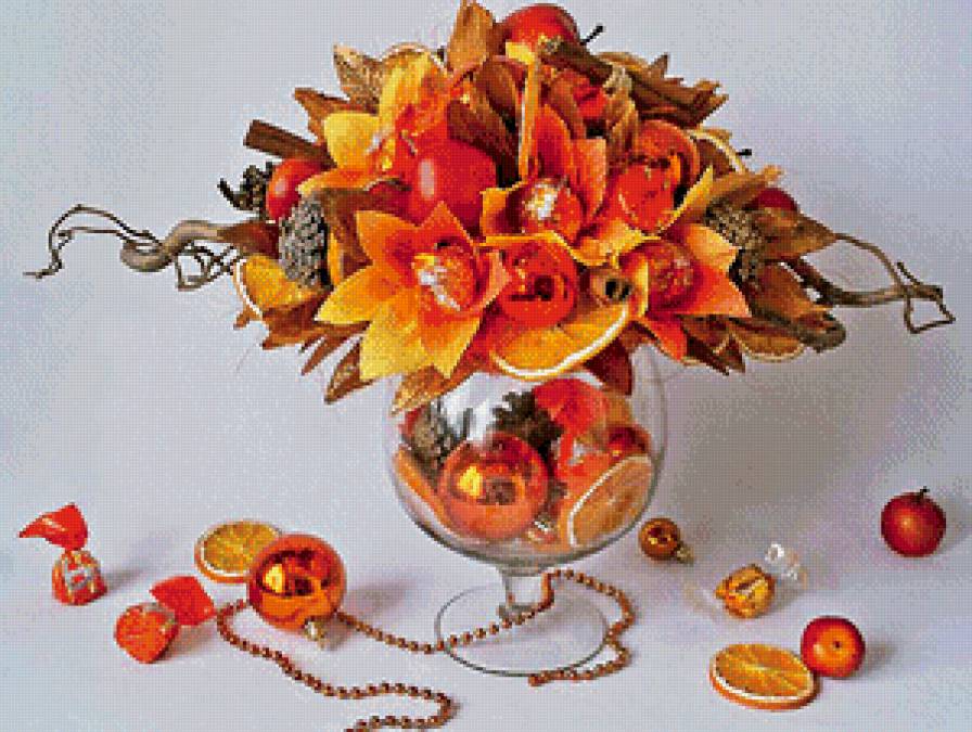 новогодний натюрморт - фрукты, золото, натюрморт, ваза, игрушки, новый год - предпросмотр