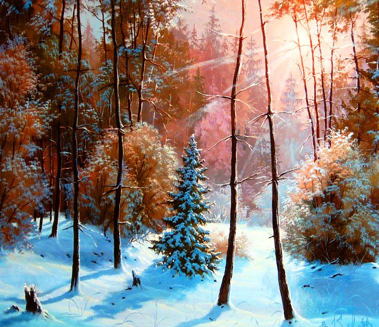 закат в зимнем лесу - пейзаж, снег, зима, лес - оригинал