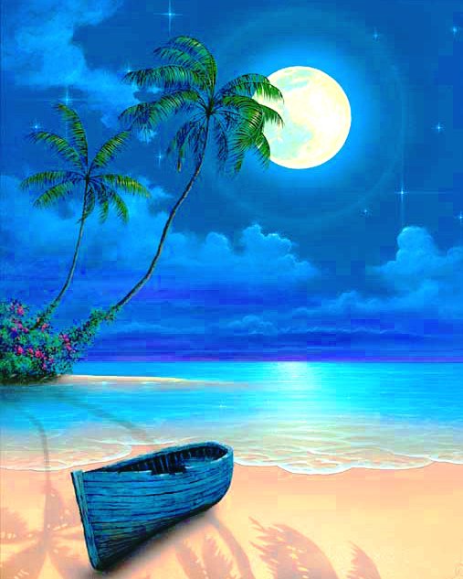 лунный пейзаж - пейзаж, море, лодка - оригинал