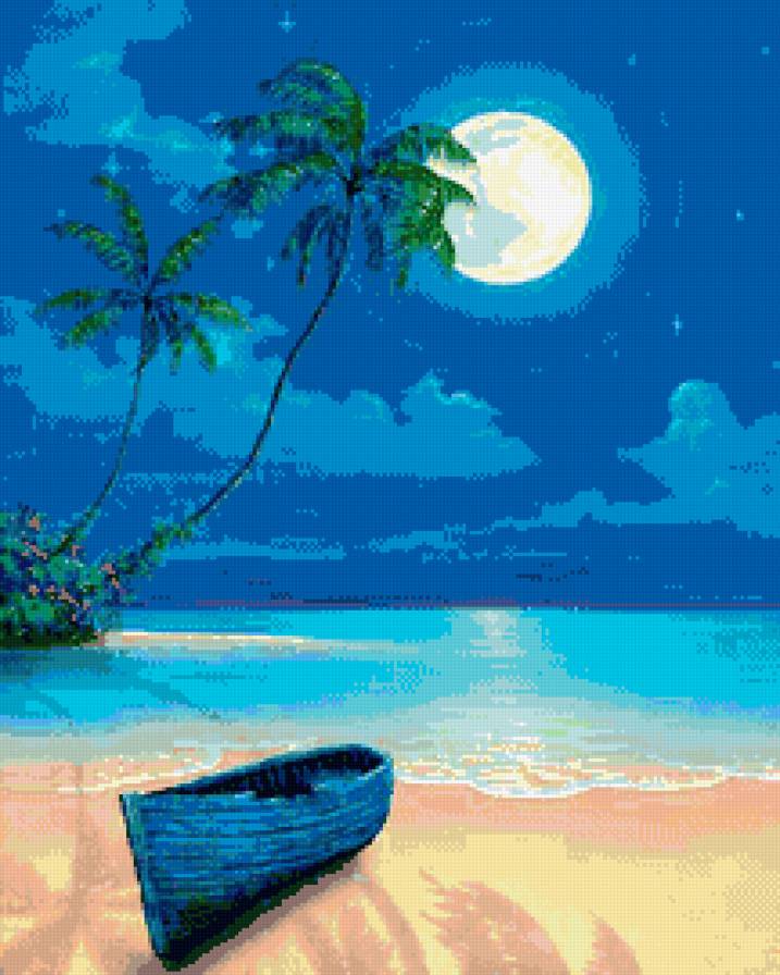 лунный пейзаж - море, пейзаж, лодка - предпросмотр
