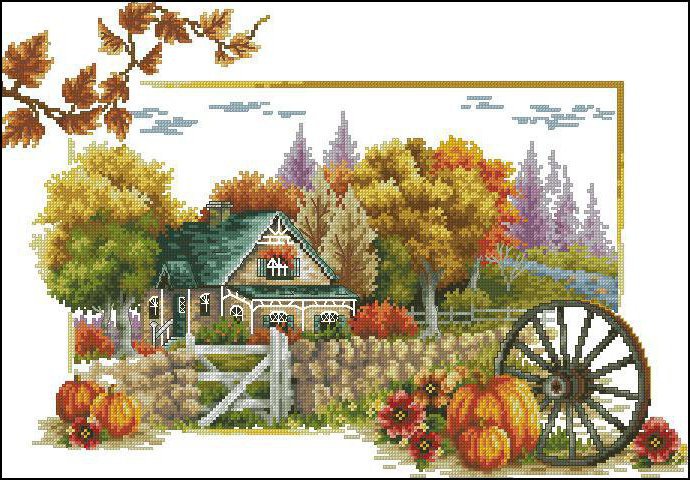 Осенний пейзаж - осень, дом, тыква - оригинал