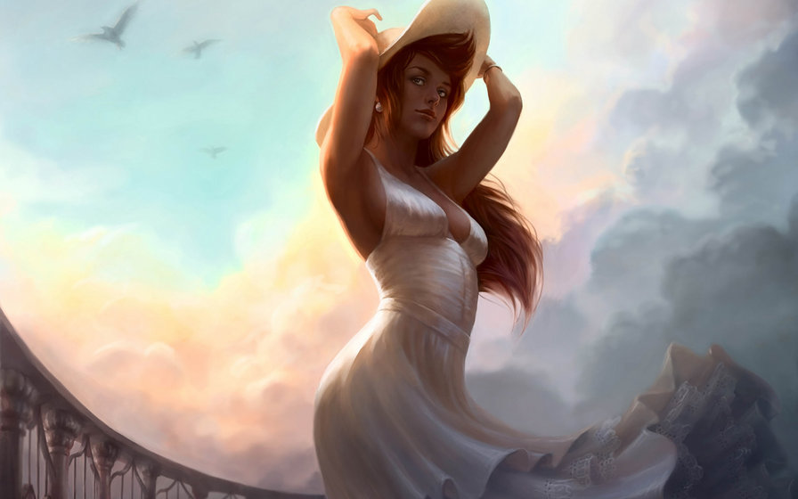 Летний бриз - мост, лето, девушка, ветер, облака, небо, платье, шляпа, птицы - оригинал