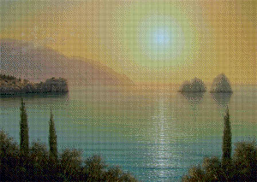 морской пейзаж - пейзаж, крым, закат, море, горы, живопись - предпросмотр