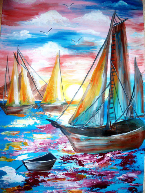 лодки на море - лодки, море, картина, арт, живопись, графика - оригинал