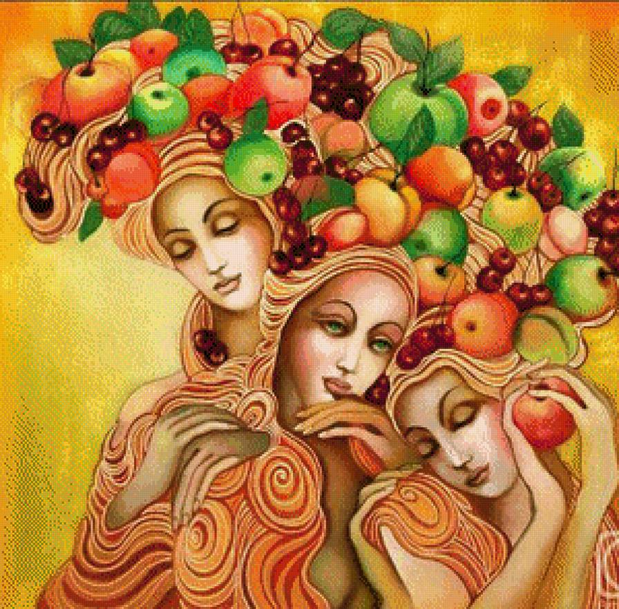Три девушки - картина, панно, девушки, фрукты - предпросмотр