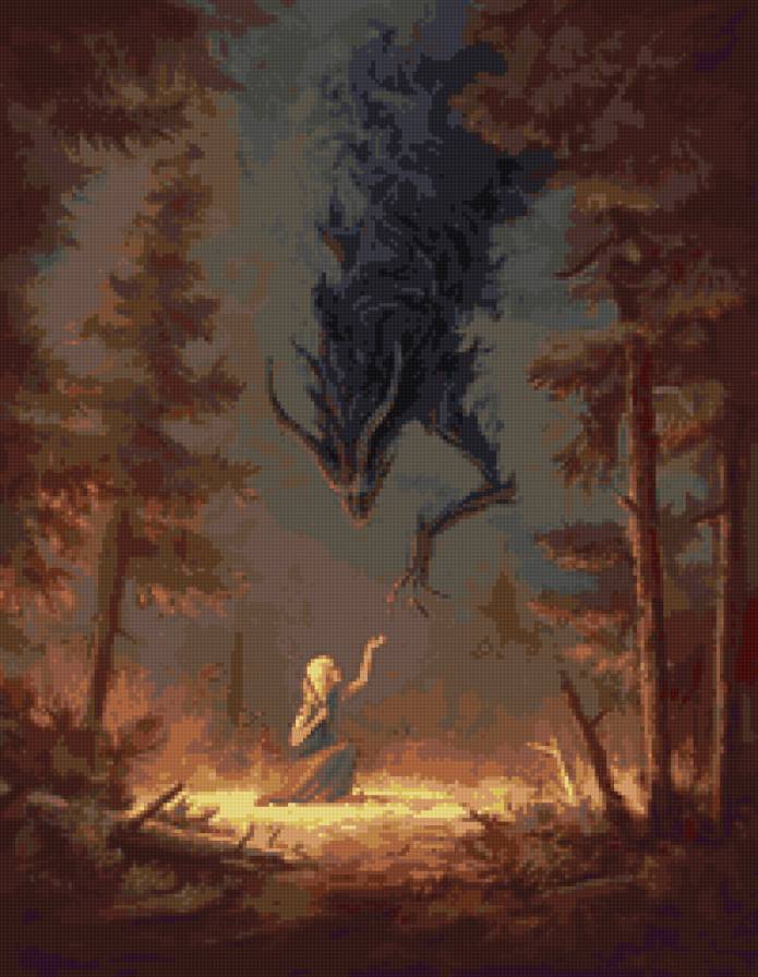 магия в лесу - лес, фантастика, девочка, дракон - предпросмотр