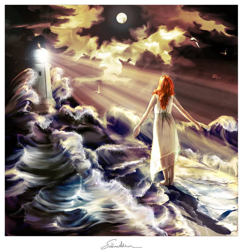 навстречу судьбе - маяк, луна, девушка, судьба, живопись, волны, надежда - оригинал