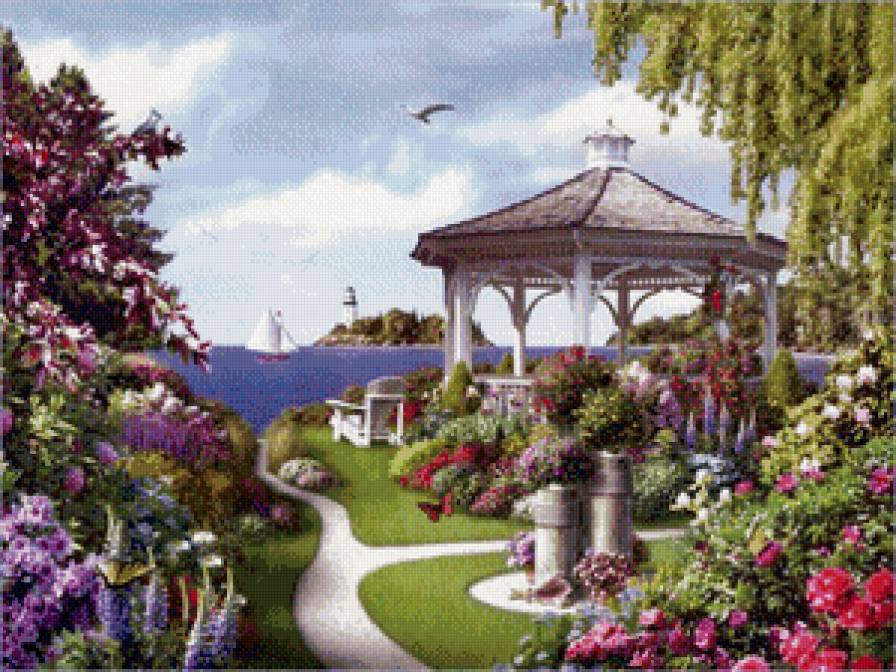 райский уголок - краски, живопись, море, беседка, дом, цветы, сад, пейзаж - предпросмотр