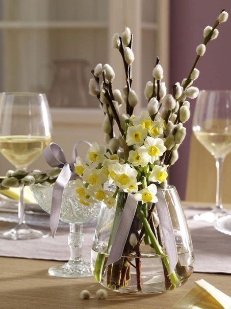 весенний букет в вазе - компазиция, фужеры, нарциссы, веточки, букет - оригинал