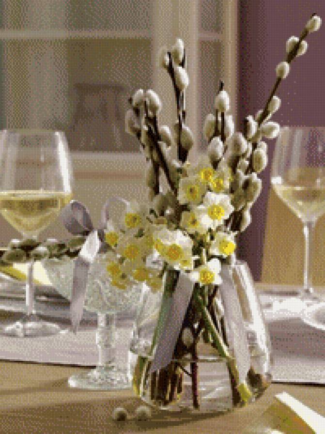 весенний букет в вазе - букет, компазиция, веточки, нарциссы, фужеры - предпросмотр