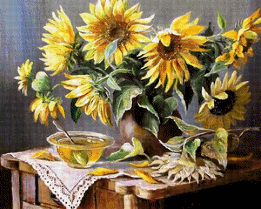 Натюрморт - цветок, подсолнух, подсолнухи, букет, ваза, цветы - предпросмотр