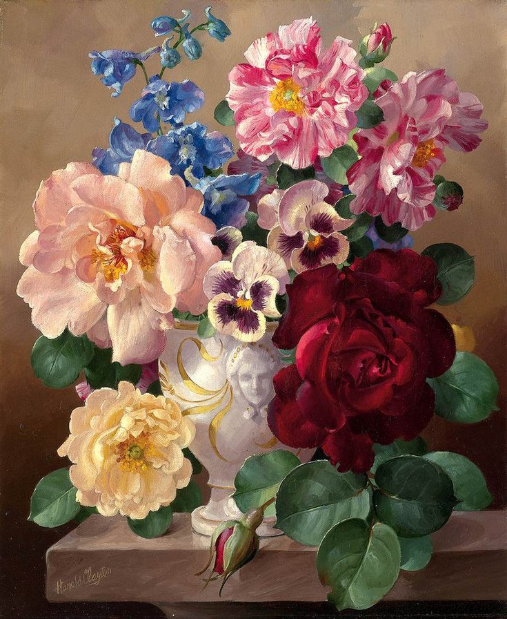 ваза с цветами - анютины глазки, цветы, букет, живопись, розы, ваза - оригинал