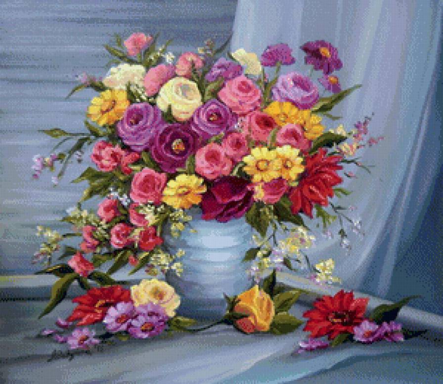 ваза с цветами - букет, натюрморт, ваза, живопись, цветы, розы - предпросмотр