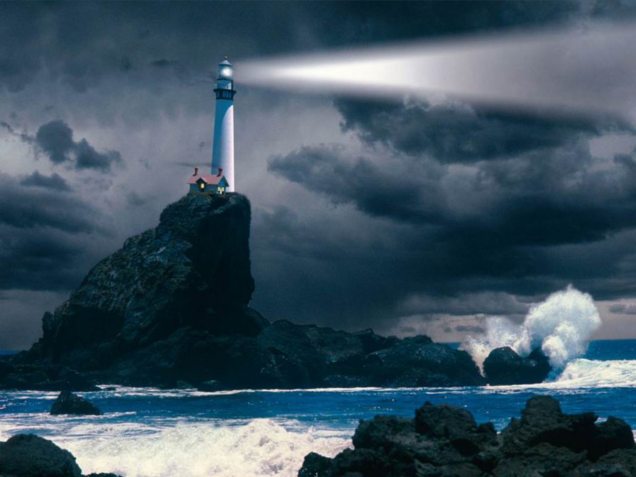 маяк - природа, скала, ночь, луч света, океан, маяк, шторм - оригинал