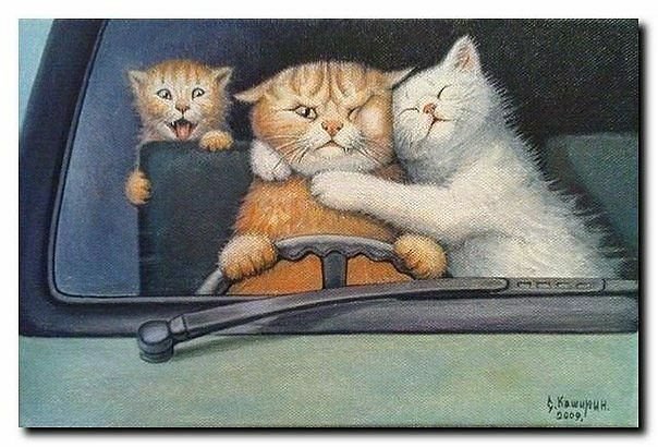 Весёлая семейка - автомобиль, кот, котенок, кошка, юмор - оригинал