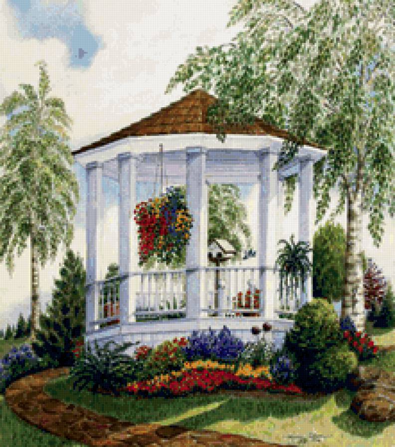 белая беседка - сад, картина, парк, беседка, природа - предпросмотр