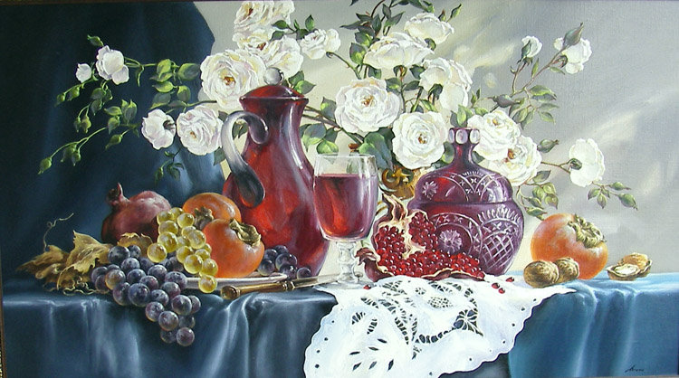 Натюрморт - розы, бокал, фрукты, вино - оригинал
