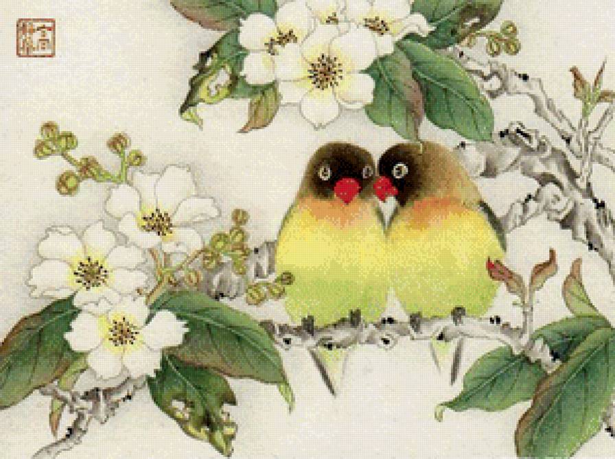 две птички на ветке в японском стиле - ветка, птицы, фен шуй, пара, восток, цветы, япония - предпросмотр