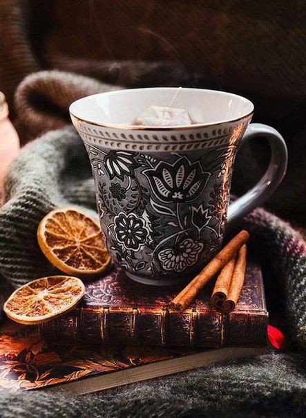 чай с корицей - чашка, кухня, узор., лимон, книга, романтика - оригинал