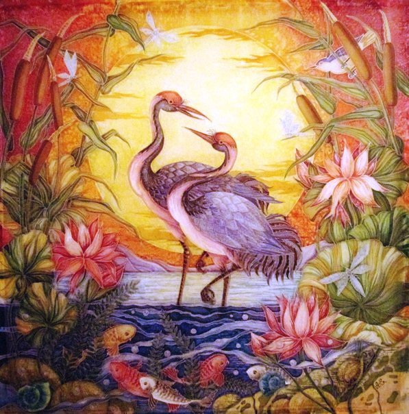 журавли - пруд, фен шуй, япония, любовь, пара, журавли, карп, удача - оригинал