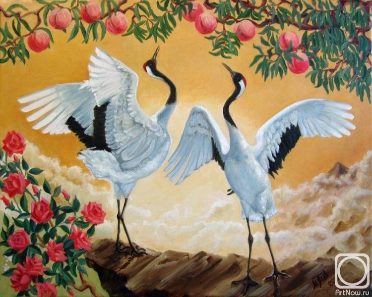 два журавля - яблоки, япония, верность, фен шуй, журавли, любовь, пара - оригинал