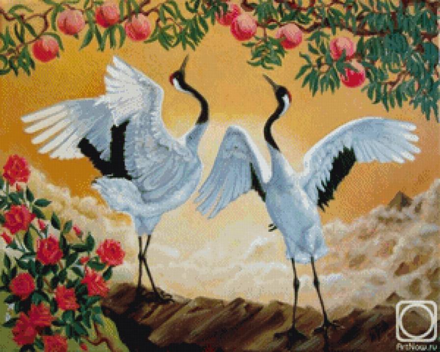 два журавля - верность, журавли, фен шуй, япония, яблоки, любовь, пара - предпросмотр