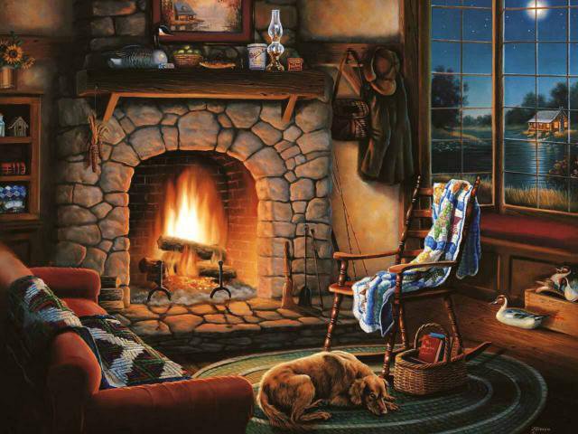 ожидание у камина - камин, огонь, кресло и диван, собака - оригинал