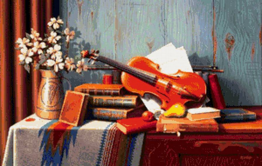 натюрморт со скрипкой - натюрморт, картина, пано - предпросмотр