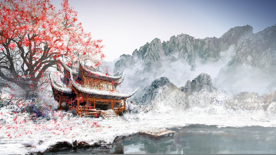 Восточный мотив - зима, сакура, япония, пагода - оригинал