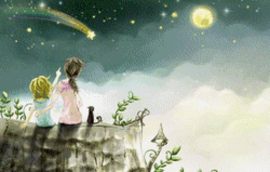 Падающая звезда - животные, звезда, девочка, луна, мальчик, кот, дети - предпросмотр