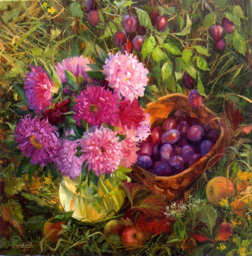 В.Жданов5 - натюрморт, картина, художник, цветы, сливы, астры - оригинал