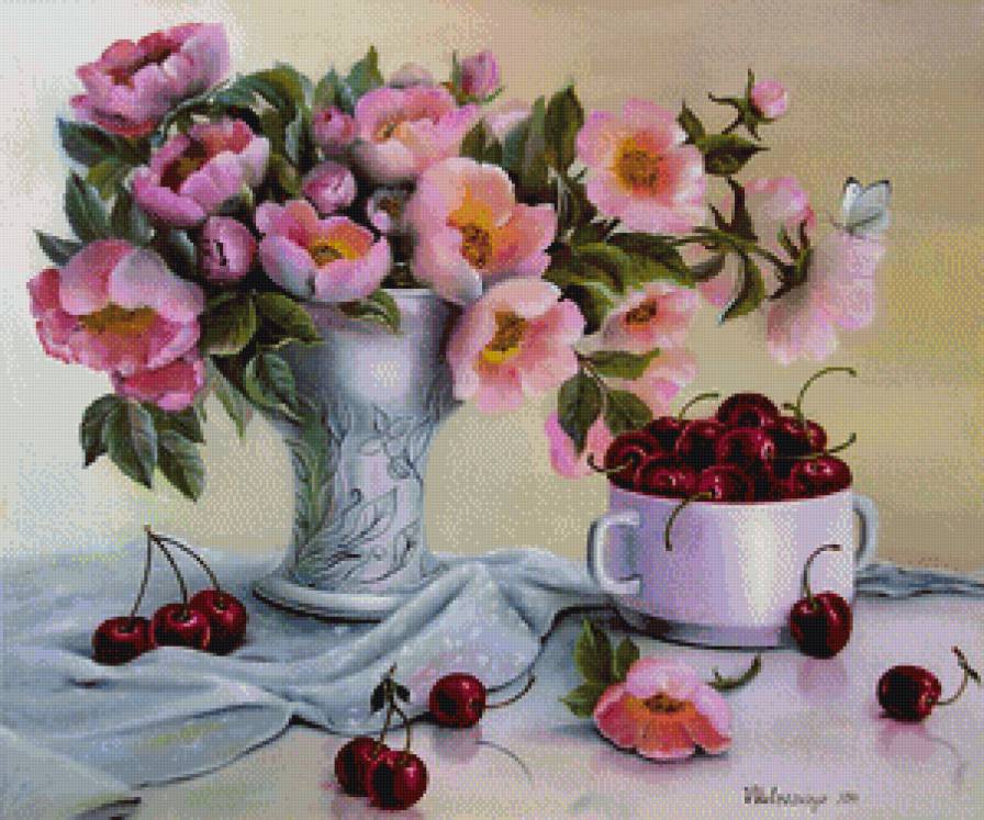 №695080 - натюрморт, фрукты, цветы, картина - предпросмотр