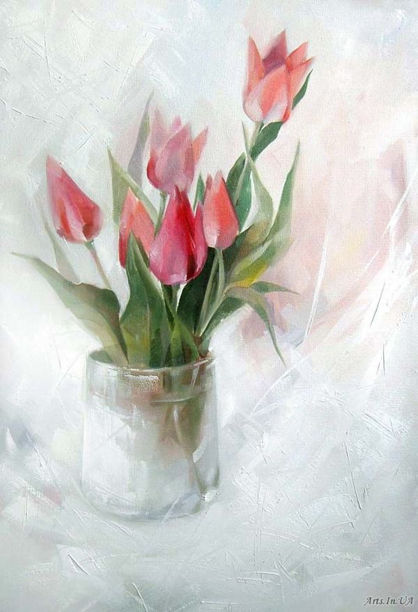 нежные тюльпаны - тюльпаны, натюрморт, букет, живопись, ваза, нежность - оригинал