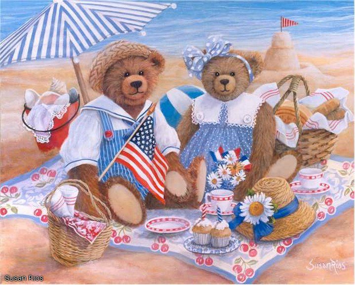 Плюшевые медведи на пляже - медведи. пляж, плюшевые, у моря, игрушки - оригинал