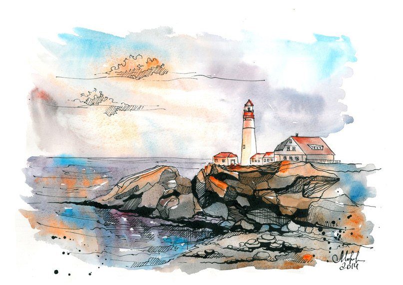 Одинокий маяк - акварель - море, скалы, рисунок, акварель, вода, маяк - оригинал