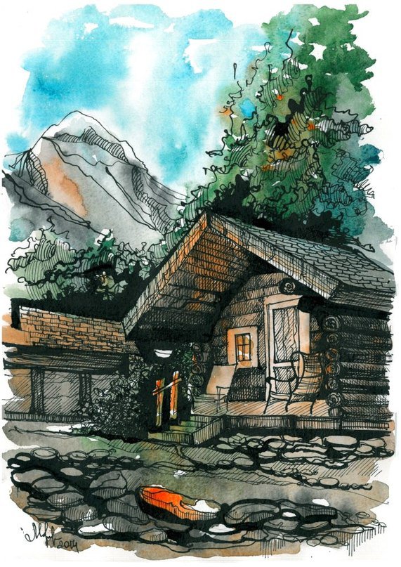 Домик в горах - акварель - лес, рисунок, горы, акварель, природа, дом - оригинал