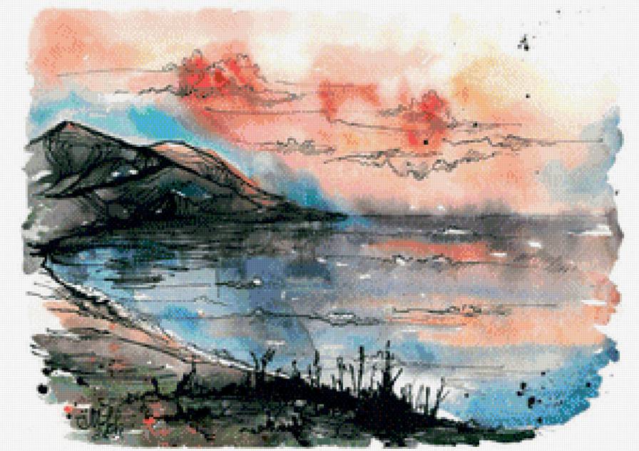 Бухточка - акварель - вода, берег, небо, облака, море, скалы, бухта - предпросмотр